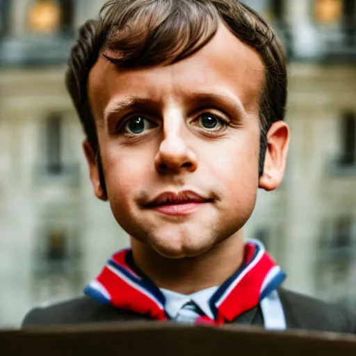 Image similar to closeup portrait of a tiny emmanuel macron dressed as napoleon standing on a desk, paris background, macro photo, bokeh, natural light, sharp, detailed face, magazine, press, steve mccurry, david lazar, canon, nikon, focus