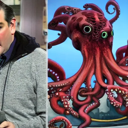 Prompt: ted cruz octopus monster destroys a city, news coverage on local affiliate