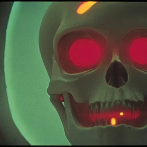 Prompt: glowing alien skull, 1 9 6 0 s, color bleed, video compression, video glitch, monochrome, akira kurosawa, mamoru oshii, wes anderson, stanley kubrick
