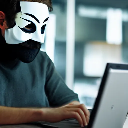 Prompt: picture of man wearing anonymous mask hacking a computer.