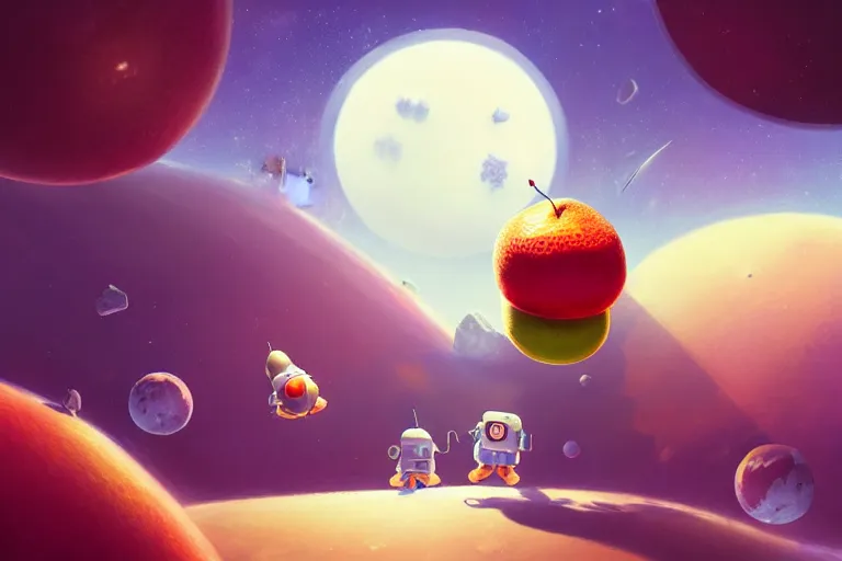 Prompt: an expedition of fruit astronauts discovering a new sweet planet made out of cream. cute, illustration, digital art, inspired by fruit salad, by greg rutkowski, detailed, sharp, masterpiece, highly detailed, photorealistic, octane render, 8 k, unreal engine 5, trending on artstation