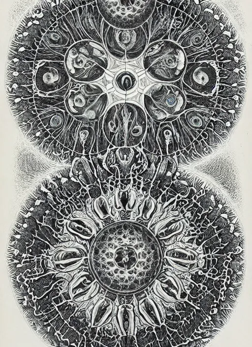 Prompt: “Psychedelic drawing by Ernst Haeckel. Symmetric.”