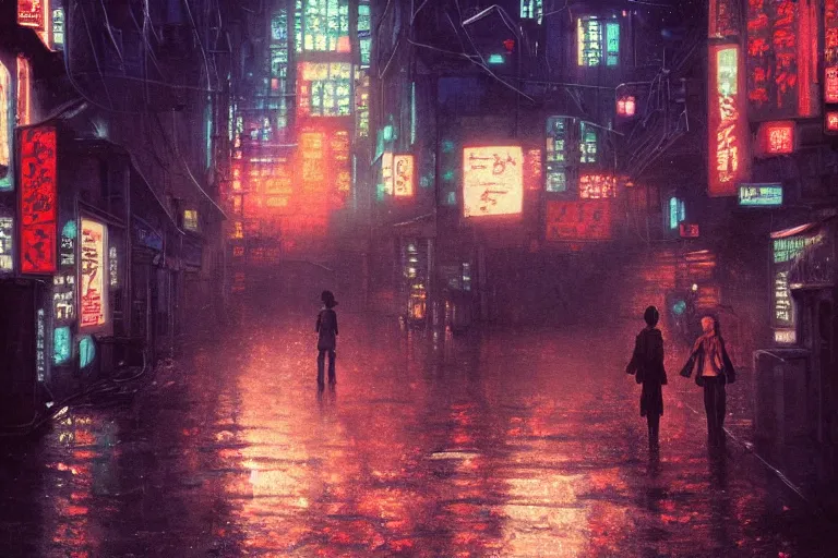 a dystopian cyberpunk painting of a rain soaked back | Stable Diffusion