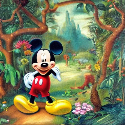 Image similar to mickey mouse entering the garden of eden, oil painting, masterpiece