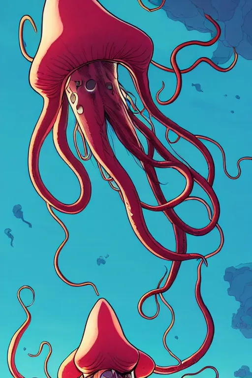 Image similar to comic cover art of a very very gigantic squid floating above a metropolitan city, low angle, by jenny frison and sana takeda, intricate details, stunning inking lines, flat colors, 4 k, hd, artstation