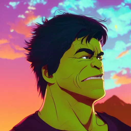 Image similar to ⁠portrait of The Incredible Hulk, New Mexican desert background, rich vivid colors, ambient lighting, dynamic lighting, 4k, HQ, official media, anime key visual, makoto shinkai, ilya kuvshinov, lois van baarle, rossdraws, detailed, trending on artstation