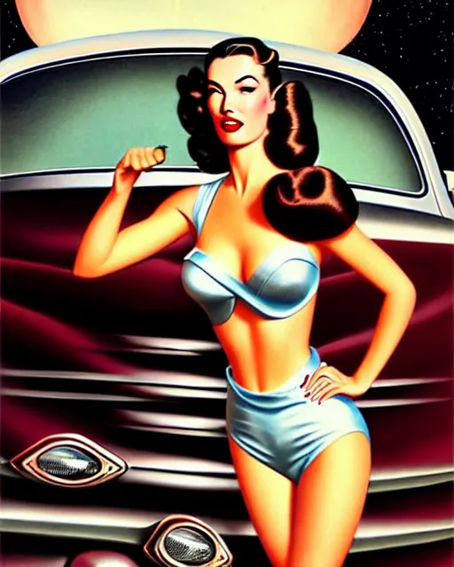 Image similar to beautiful retro space megan fox varga girl posing on a car in diesel punk city, windblown dark hair, retro pinup model, seductive, 1 9 4 0, hyper detailed, digital art, smooth, sharp focus, gil elvgren, anna dittmann alberto vargas,