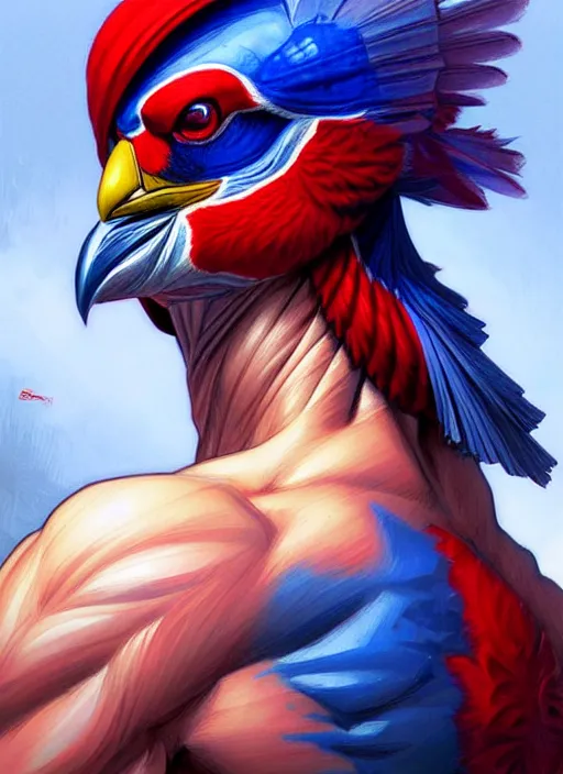 Image similar to portrait of aggressive pigeon humanoid, d & d, muscular! blue and red, fantasy, intricate, elegant, highly detailed, digital painting, artstation, concept art, smooth, sharp focus, illustration, art by artgerm and greg rutkowski and alphonse mucha