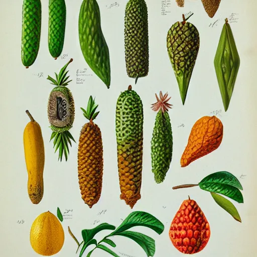 Image similar to botanical illustration of several tropical fruits