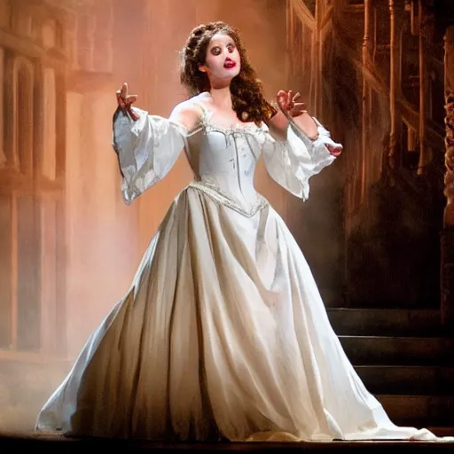 Image similar to phantom of the opera, christine daae singing think of me at the opera theatre in paris, christine daae wearing a beautiful white opera dress