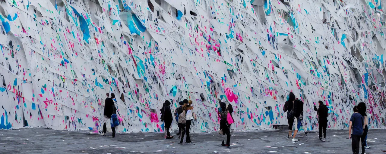 Prompt: people in a busy city people looking at a white building covered with a 3d graffiti veil, made of discsrded fashion, with paint dripping down to the floor, tadao ando, kengo kuma, shigeru bab, hiroshi yoshida, christos, yoshitaka Amano, james gurney, ikigai, and james jean, architectural illustration, at dusk, synthwave signs