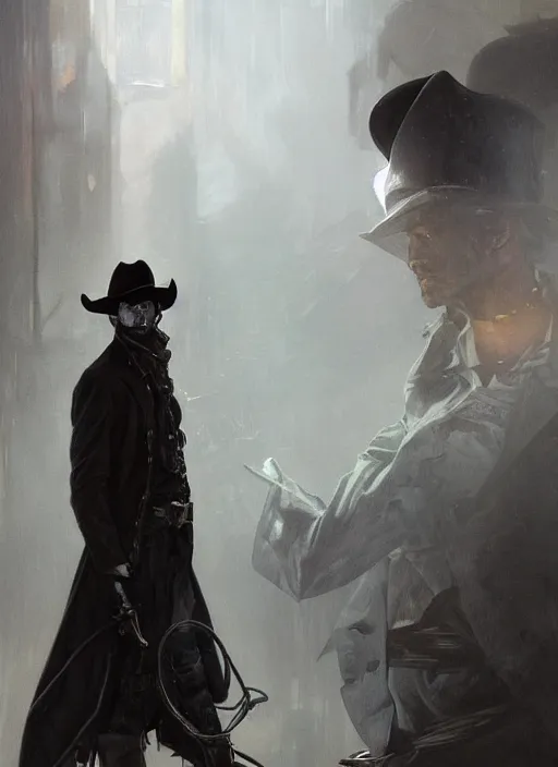 Image similar to a Photorealistic dramatic hyperrealistic render of a male cyborg dressed as a cowboy weaing a long black coat with a black cowboy hat, brilliant white eyes, short white hair,by WLOP,Artgerm,Greg Rutkowski,Alphonse Mucha, Beautiful dynamic dramatic dark moody lighting,shadows,cinematic atmosphere,Artstation,concept design art,Octane render,8K