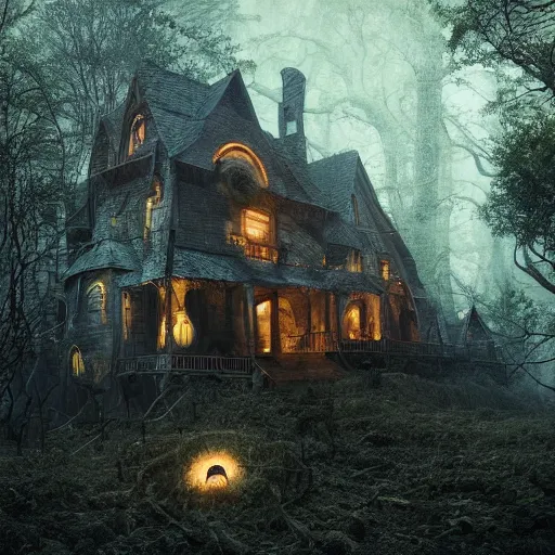Image similar to the scariest witches house, giant snakes on the roof of the witch house, in the scariest dark forest, epic scene, dark, scary, horror, frightening, fantasy, cinematic, redshift render, cgi, hyper - detailed, photo - bash, 8 k post - production, masterpiece, in the style of greg rutkowski