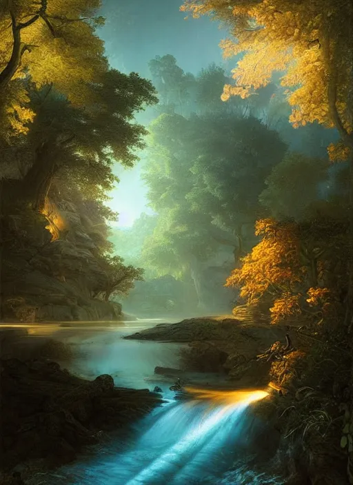 Prompt: detailed river, light shafts, stunning atmosphere, naturalistic art by asher brown durand, inspired by peter mohrbacher