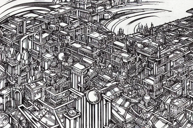 Image similar to establishing shot of a late renaissance coastal city, intricate linework, in the style of moebius, ayami kojima, 1 9 9 0's anime, retro fantasy