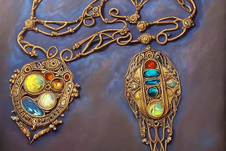 Image similar to highly detailed oil painting, very realistic gemstones, symmetrical, art nouveau, ornate, delicate, brilliant colors of the sea gemstone necklace, dramatic light,