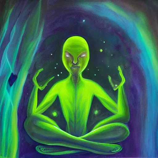 Image similar to painting of a tranquil alien made of light and glows meditating in dense forest by Terence McKenna, acrylic art, ethereal, soothing, somber, elegant, warm light, cozy, breathtaking,