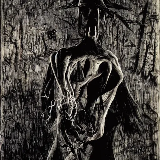 Image similar to The horror in the shadows is my love, impressionism, burnt paper, sharp contrast by Dave McKean and Lucien Clergue