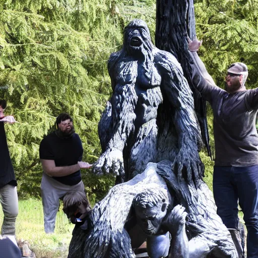 Image similar to group of occultist bowing worshipping a bigfoot statue