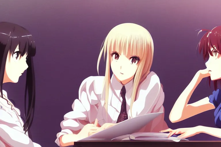 Image similar to portrait of two wise and very beautiful women discussing some texts appearing in a computer screen, art by ufotable, intricate, elegant, highly detailed, smooth, sharp focus, artstation