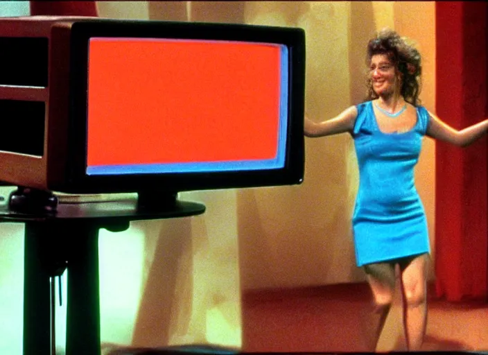 Prompt: Funny TV show in 90s. Color VHS footage. A woman dancing on the stage in the TV studio.