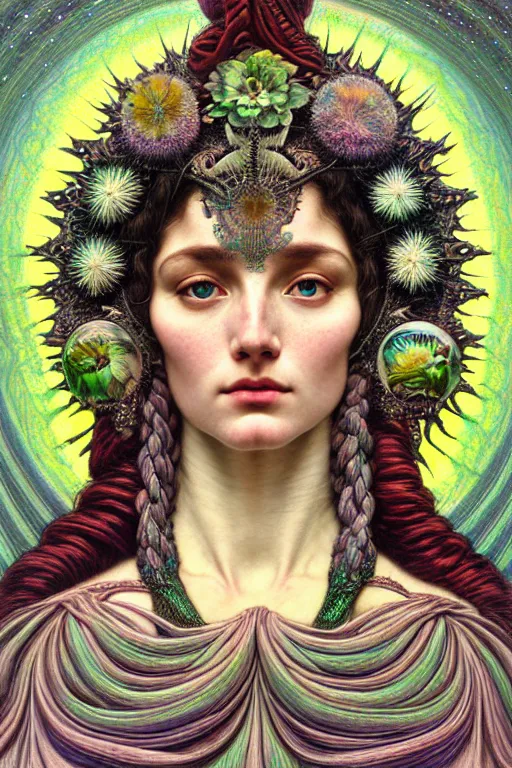 Image similar to hyperrealistic detailed face portrait of the beautiful goddess of the northern lights with an intricate headgear of a beautiful landscape, art by ernst haeckel, john william godward, android jones, alphonso mucha, h. r. giger, gothic - cyberpunk, ornamental, dimmed pastel colours,