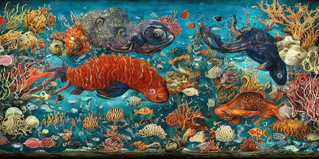 Image similar to exotic deep sea animal aquarium in the style of heironymus bosch, colorful intricate masterpiece, hyper detailed, hd