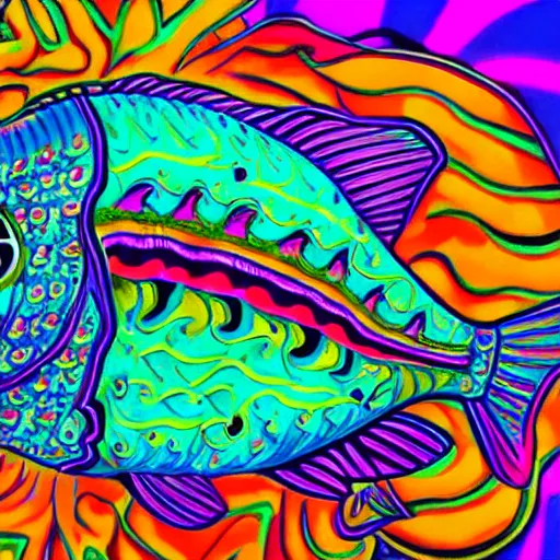 Image similar to psychedelic, photorealistic, colorful fish in a maximalist style on a background that fades to black