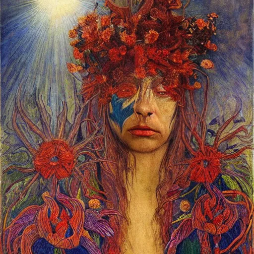 Image similar to masterpiece painting of a dark flower shaman, by annie swynnerton and jean delville and diego rivera, facemask made of flowers, art brut, outsider art, symbolist, dramatic lighting, god rays, elaborate geometric ornament, clean crisp graphics, smooth sharp focus, extremely detailed, adolf wolfli