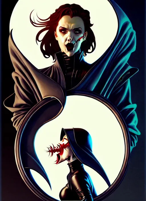 Image similar to rafael albuquerque comic art, art nouveau, peter mohrbacher, artgerm, pretty scarlett johansson vampire sharp vampire teeth open mouth, symmetrical eyes, black leather jacket, jeans, long blonde hair, full body