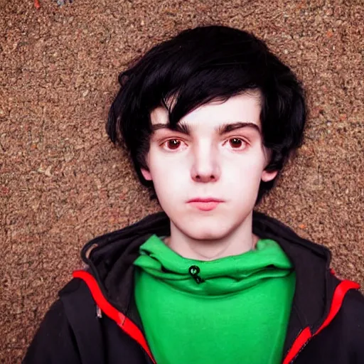 Image similar to a fine art portrait of a young man with black hair and an asymmetrical face. He has visible Bags under his eyes. He is wearing a high vis hoodie. In the style of Stanley Kubrick and Wes Anderson, Art directed by Edward Hopper.