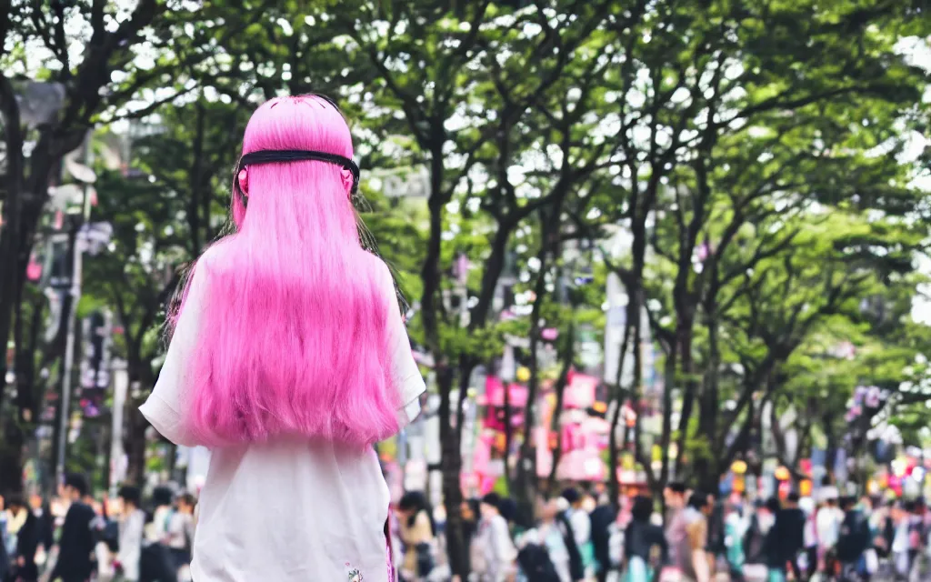 Prompt: a full body portrait of a harajuku girl with pink hair , in the background is Shinjuku Tokyo, daytime Ghibli studio, Bokeh, depth of field ,