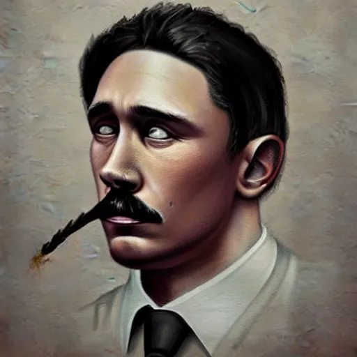 Image similar to hyperrealistic mixed media high resolution painting of James Franco disguised as Adolf Hitler eating a bagel, stunning 3d render inspired art by István Sándorfi and Greg Rutkowski and Unreal Engine, perfect facial symmetry, dim volumetric lighting, 8k octane beautifully detailed render, full body shot, post-processing, extremely hyper-detailed, intricate, epic composition, highly detailed attributes, highly detailed atmosphere, cinematic lighting, masterpiece, trending on artstation, very very detailed, masterpiece, stunning, flawless structure, lifelike texture, perfection,