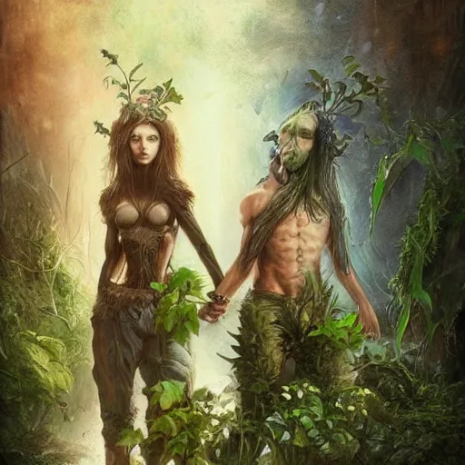 Image similar to a couple with plants growing out of their heads, growth of a couple, rainy day, atmospheric by aleksi briclot