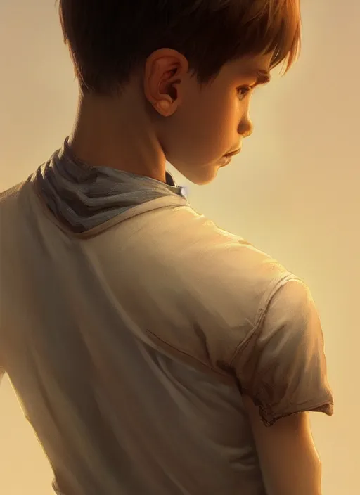 Image similar to perfectly - portrait of a boy from behind, intricate, highly detailed, digital painting, artstation, concept art, smooth, sharp focus, illustration, unreal engine 5, 8 k, art by artgerm and greg rutkowski and alphonse mucha