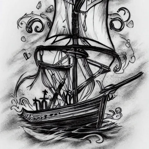 Image similar to A magical pirate ship tattoo realistic tattoo sketch on white background, hyper realistic shaded tattoo, award winning tattoo