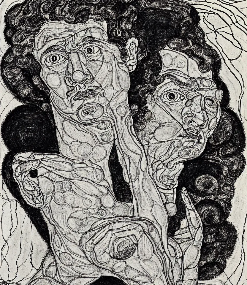 Prompt: detailed line art portrait of william blake, inspired by egon schiele. caricatural, minimalist, bold contour lines, musicality, soft twirls curls and curves, confident personality, raw emotion