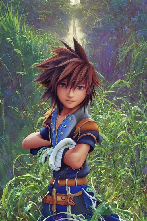 Image similar to sora from kingdom hearts, wavy hairstyle, highly detailed, in a magical lush field of overgrown plants, goofy and Donald Duck blurred in the background, digital painting, artstation, concept art, smooth, sharp focus, illustration, cinematic lighting, art by artgerm and greg rutkowski and alphonse mucha