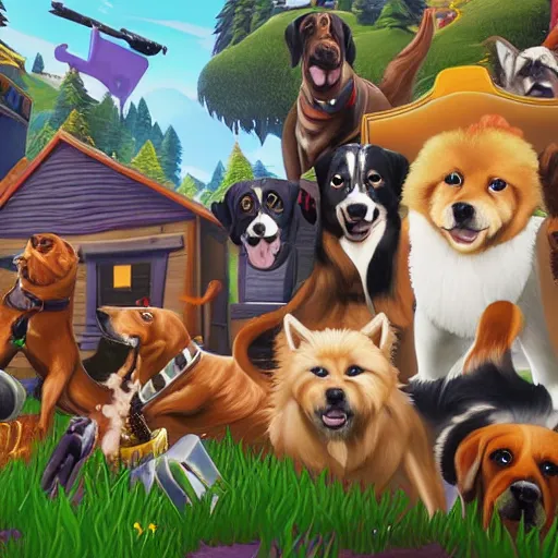 Image similar to a velvet painting of dogs playing Fortnite