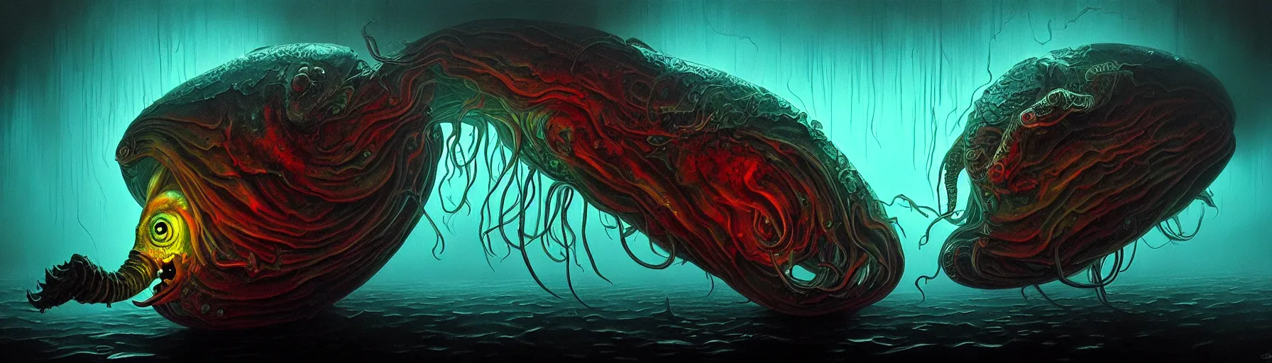 Image similar to strange cuttle fish like creatures from the depths of the imaginal realm, dark eerie dramatic lighting, detailed and atmospheric surreal darkly colorful painting by ronny khalil