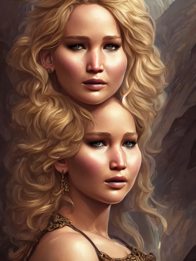 Image similar to Jennifer Lawrence, closeup, D&D, fantasy, intricate, elegant, highly detailed, digital painting, artstation, concept art, matte, sharp focus, illustration, hearthstone, art by Artgerm and Greg Rutkowski and Alphonse Mucha