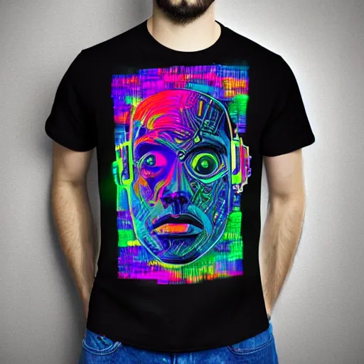 Image similar to mockup of a black tshirt with a hyperdetailed portrait of a trippy cyberpunk robot, 8 k, symetrical, flourescent colors, happy mood, multicolored,