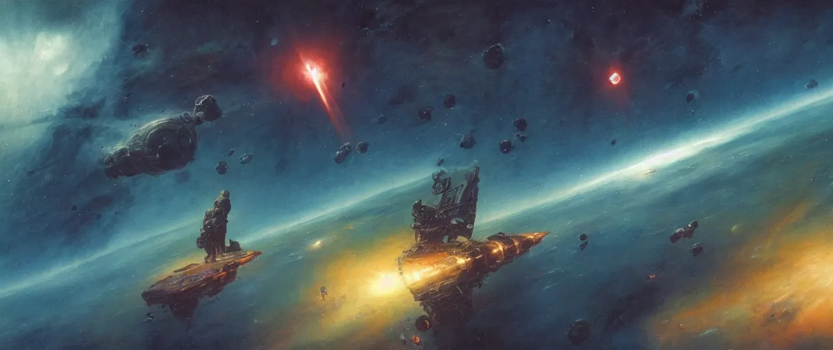 Prompt: concept art, exploration spaceship drifting in space, the expanse tv series, industrial design, immensity, alone in a nebula, space debris, cinematic lighting, low contrast, low saturation, 4k, anthem game inspiration, widescreen ratio, beksinski