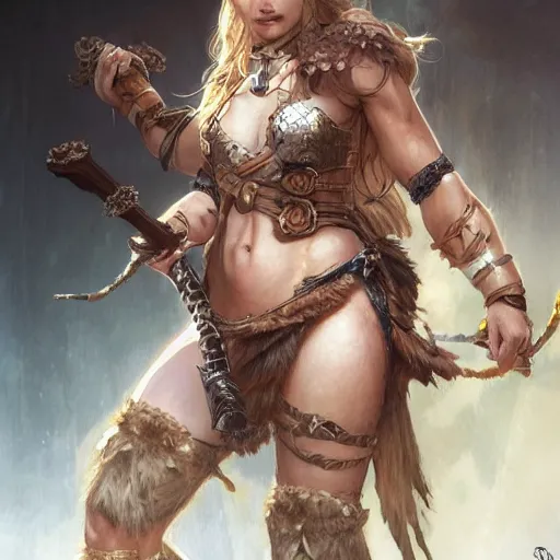 Image similar to Female barbarian closeup, D&D, fantasy, intricate, elegant, highly detailed, digital painting, trending on artstation, concept art, illustration, art by Artgerm and Greg Rutkowski and Alphonse Mucha