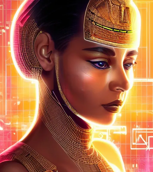 Prompt: symmetry!! egyptian princess of technology, solid cube of light, hard edges, product render retro - futuristic poster scifi, lasers and neon circuits, beautiful brown skin woman egyptian princess, intricate, elegant, highly detailed, digital painting, artstation, concept art, smooth, sharp focus, illustration, dreamlike, art by artgerm