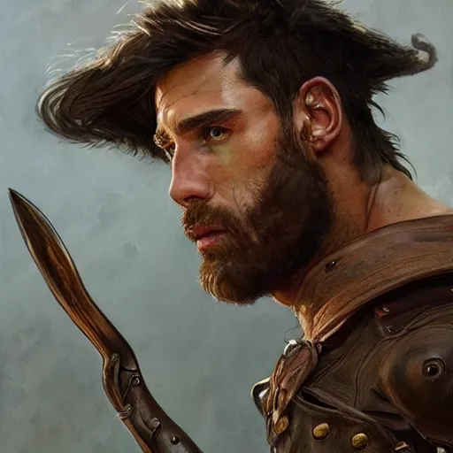 Prompt: portrait of a rugged ranger, 2 5 years old, muscular, upper body, leather, hairy torso, d & d, fantasy, intricate, elegant, highly detailed, digital painting, artstation, concept art, smooth, sharp focus, illustration, art by artgerm and greg rutkowski and alphonse mucha