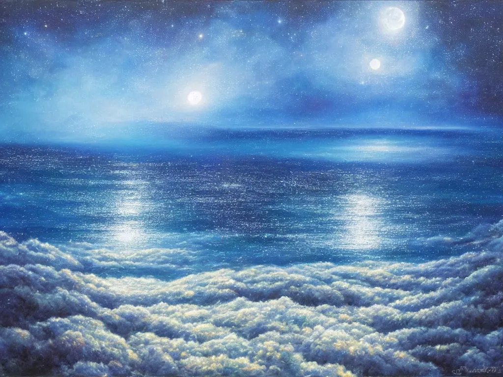 Prompt: an ethereal vibrant moonlit blue landscape with a beautiful galaxy sky and a glistening glittery ocean, full of thousands of ethereal sparkling glowing blue lights flying out of a glowing area of the ocean into the sky towards the moon, soft lighting, ultra high detail, oil on canvas, HD, by Gilbert Williams