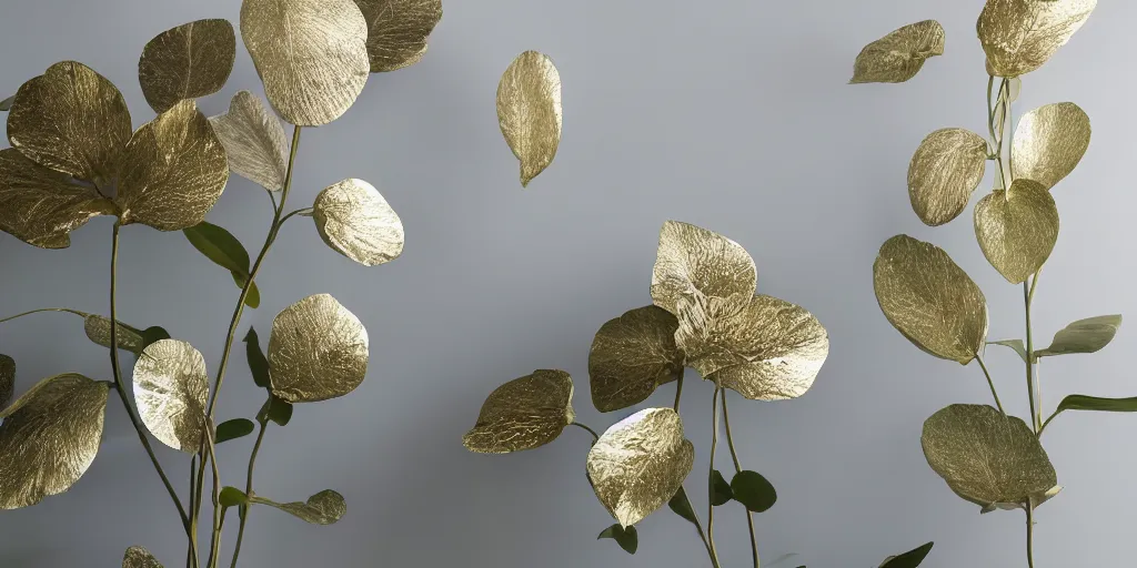 Prompt: glossy metallic big flowers, modern studio light soft colour, backlight leaves