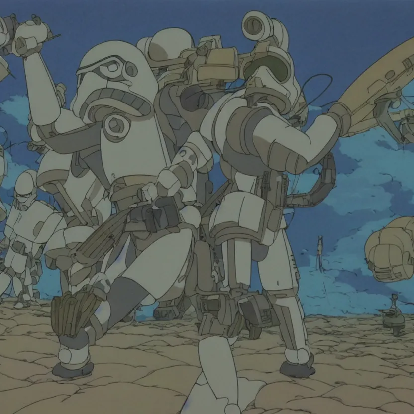 Prompt: 1 9 9 0 studio ghibli animation cel still from nausicaa of the valley of the wind of a storm trooper firing their blaster