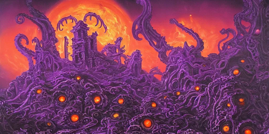 Prompt: purple lovecraftian temple ruins in space covered in orange glowing eyes and tendrils, Cthulhu looming in the distance, oil painting